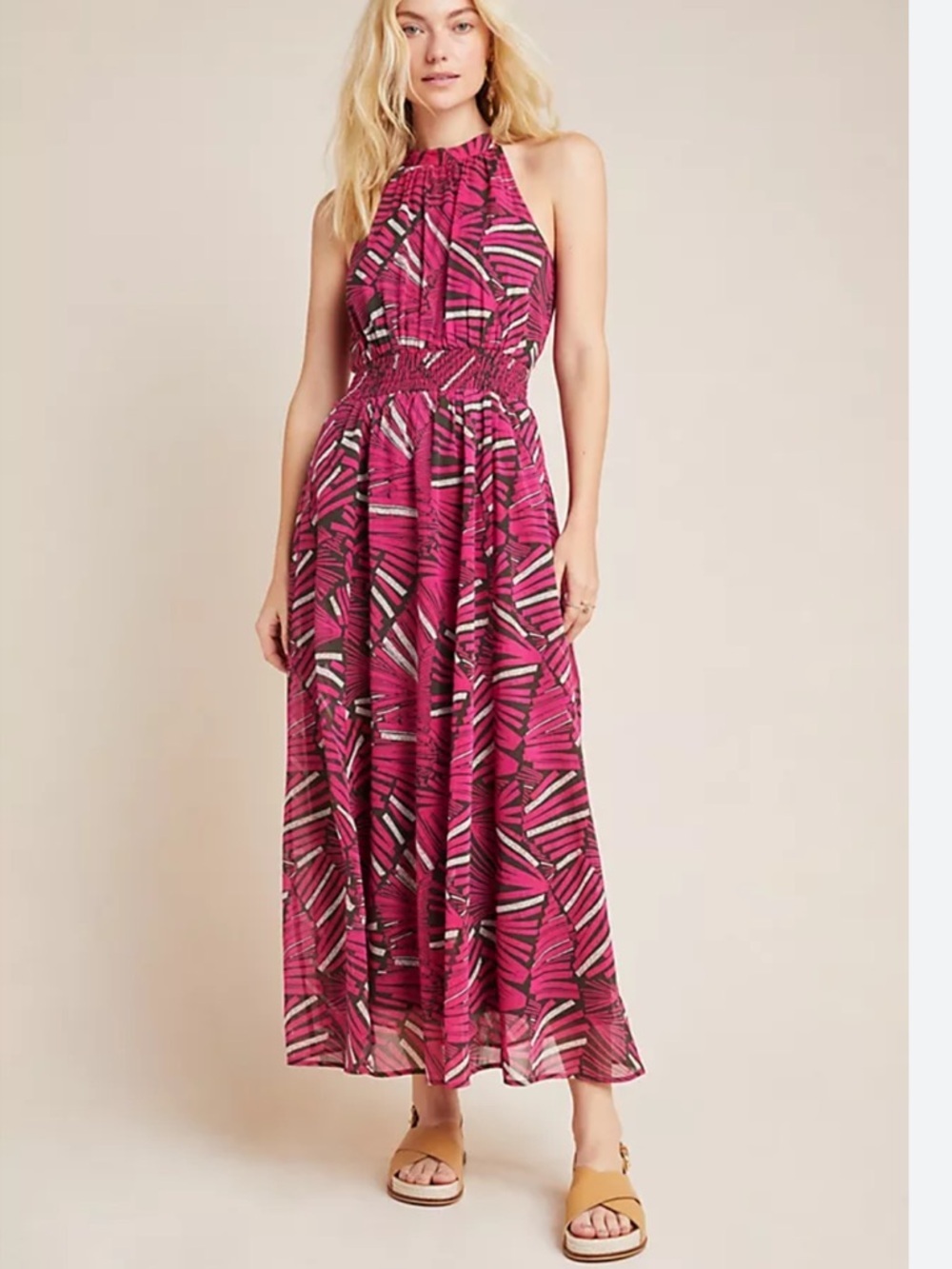 Anthropologie Maeve Fuchsia and Black Abstract printed Halter Midi Dress medium